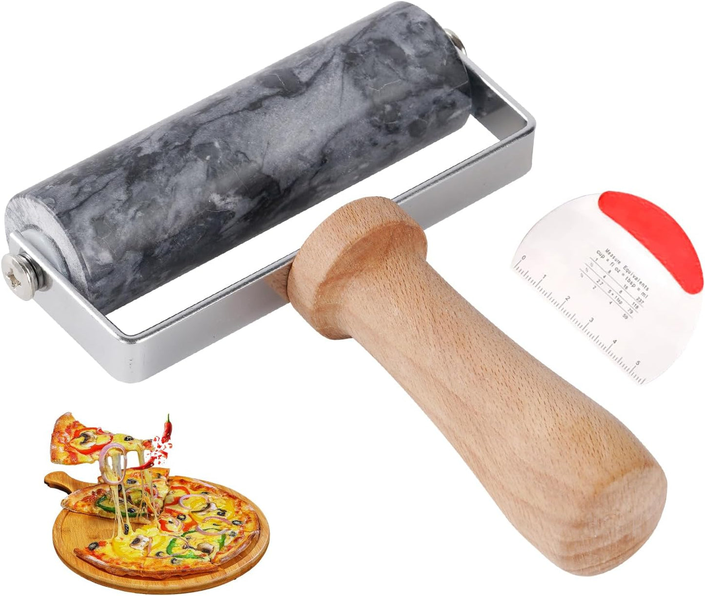 Small Marble Rolling Pin Pizza Roller with Dough Scraper Cutter, Marble Roller Non-Stick T-Type, For Cake Baking Tortilla Fudge Pizza Cookies and Other Kitchen Baking Cooking(White)