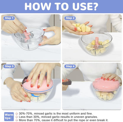 Garlic Chopper Mincer Manual Vegetable Chopper 500ml - with Pull String Garlic Press Crusher 5 Sec Chop Food Quickly, for Garlic, Ginger, Potato, Avocado, Onion, Salad, etc., Pink