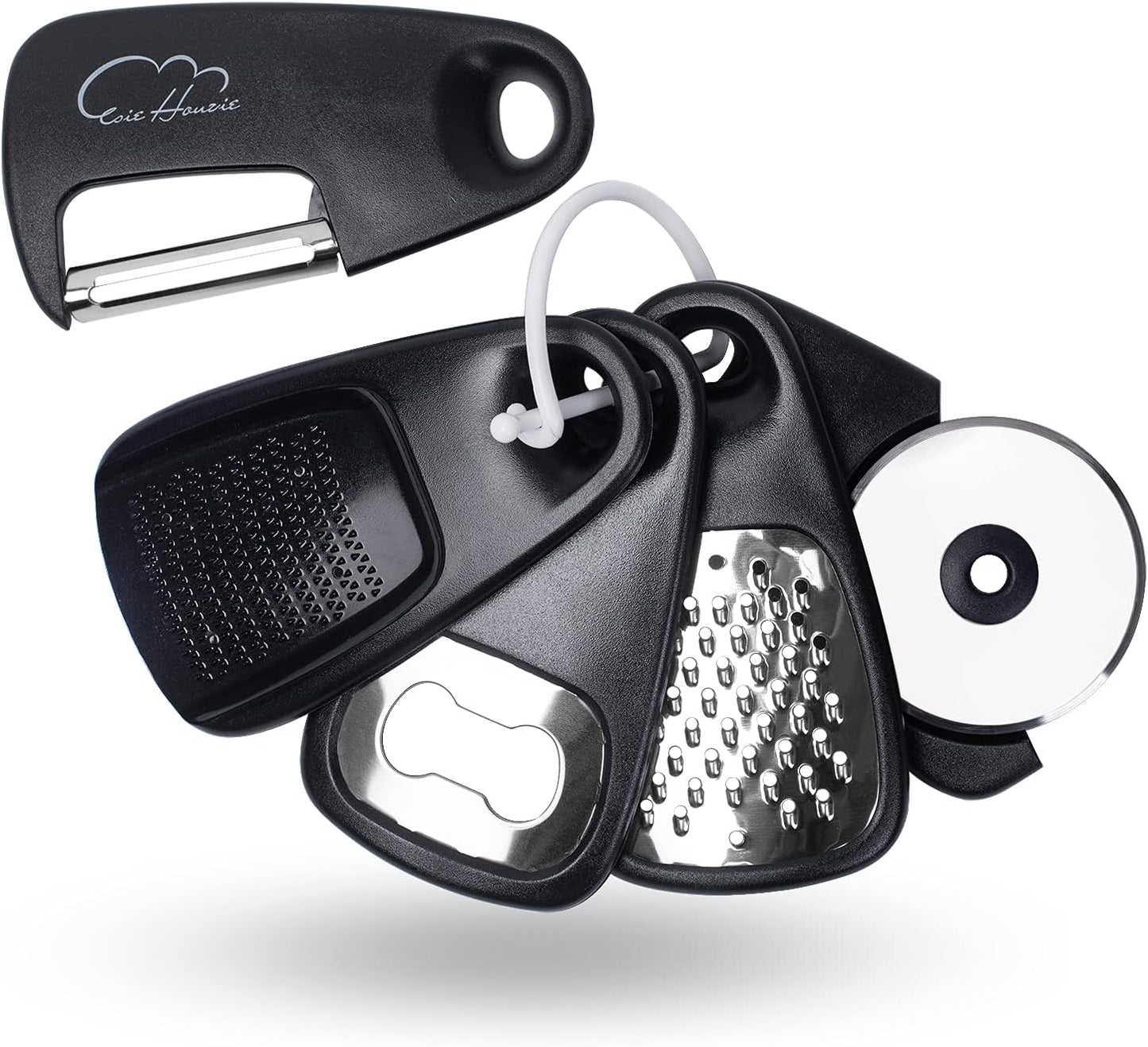 Kitchen Gadgets Set 5 Pieces, Space Saving Cooking Tools Kitchen Accessories - Fruit/Vegetable Peeler, Cheese/Chocolate Grater, Bottle Opener, Pizza Cutter, Garlic/Ginger Grinder Gift Set (Black)