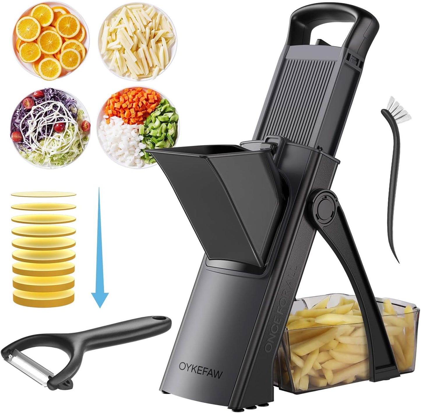 Safe Mandoline Slicer for Kitchen, 6 in 1 Vegetable Chopper, French Fry Cutter For Potatoes, Potato Slicer,Food Chopper,Adjustable Thickness 0.1-8 mm, With Peeler/Cleaning Brush (Black)