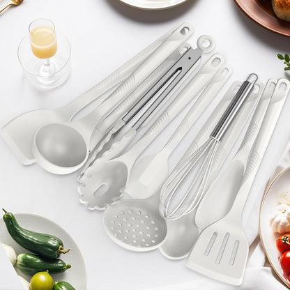 Silicone Cooking Utensils Set - 600°F Heat Resistant, Nonstick Kitchen Utensil Set with Spatulas, Spoons, Whisk, Tongs, BPA Free, Dishwasher Safe, Black