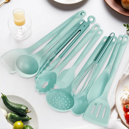 Silicone Cooking Utensils Set - 600°F Heat Resistant, Nonstick Kitchen Utensil Set with Spatulas, Spoons, Whisk, Tongs, BPA Free, Dishwasher Safe, Black