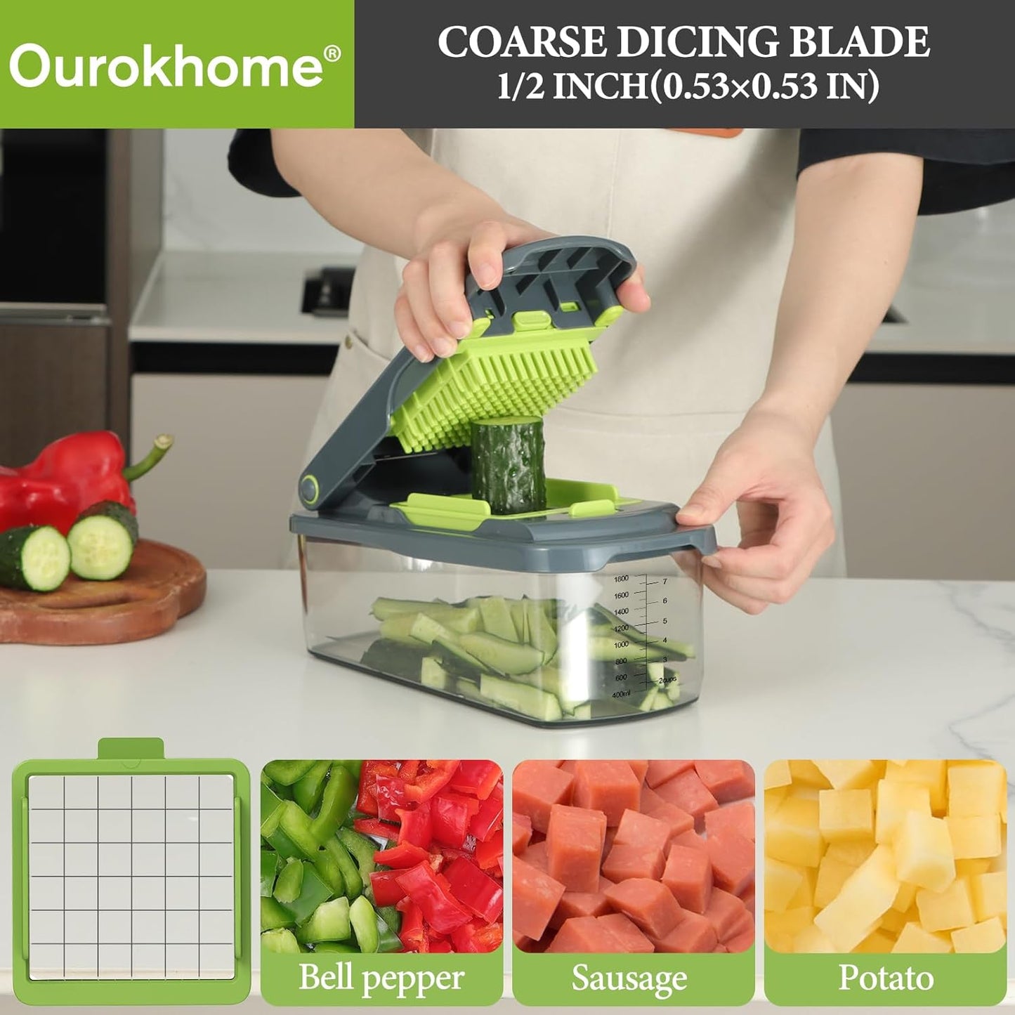 Ourokhome Veggie Chopper and Dicer with Container, Manual Hand Food Mandolin Slicer with 4 in 1 Handheld Vegetable Spiralizer for Zucchini, Potato, Onion, Essential Kitchen Gadgets (12 in 1, Gray)