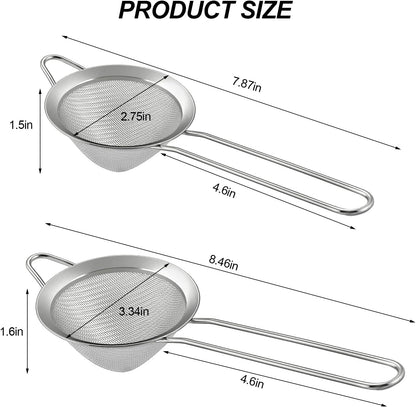 2 Pack Fine Mesh Strainer, Small Stainless Steel Sieves with Handles, for Steeping Loose Leaf Tea, Straining Cocktail, Juice and Sifting Flour, Powdered Sugar (2pcs)