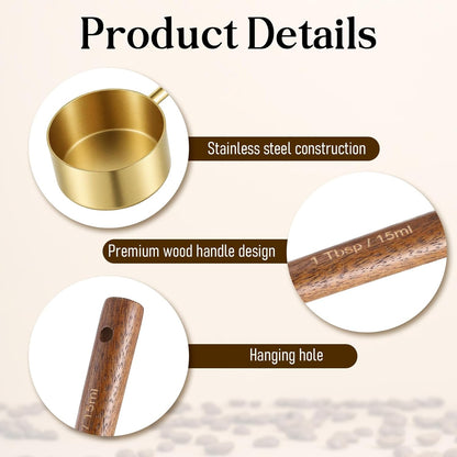 Gold Coffee Measuring Spoon, Stainless Steel Teaspoon Scoop, Walnut Handle, 15ml Capacity Tablespoon, Gold Plated for Coffee Tea, and More