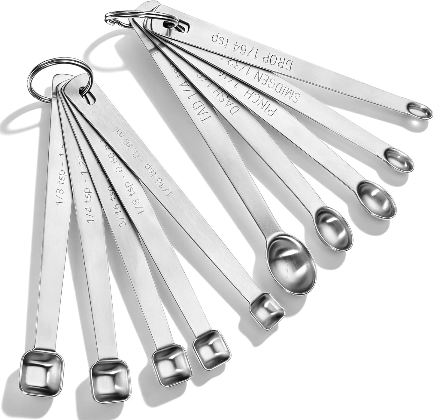10 PCS Stainless Steel Teaspoon, Mini Measuring Spoons Set, for Small Dry & Liquid Ingredients, 1/3, 1/4, 1/8, 1/16, 3/16 tsp with Keyring for Cooking and Baking (Square, Round)