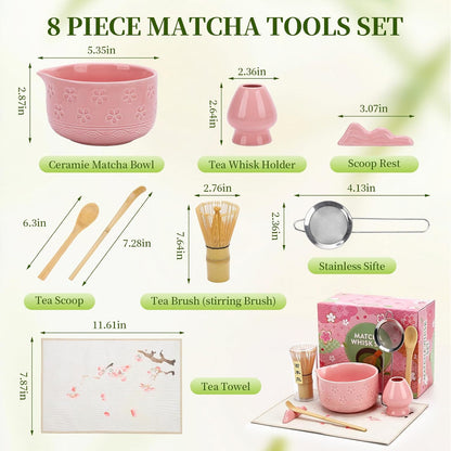 Matcha Whisk Set 8 Pcs Complete Matcha Starter Kit With Ceramic Bowl, Bamboo Whisk, Holder, Spoon, Sifter, Spoon Stand For Matcha Lovers Ceremonial Gift Set