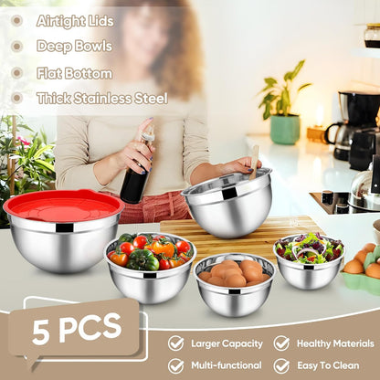 TeamFar Mixing Bowls with Lids, 5-Piece Stainless Steel Metal Nesting Salad Bowl for Mixing Prepping, Healthy & Heavy Duty, Airtight Lids & Dishwasher Safe, 4.5/3/1.5/1/0.7 QT-Khaki