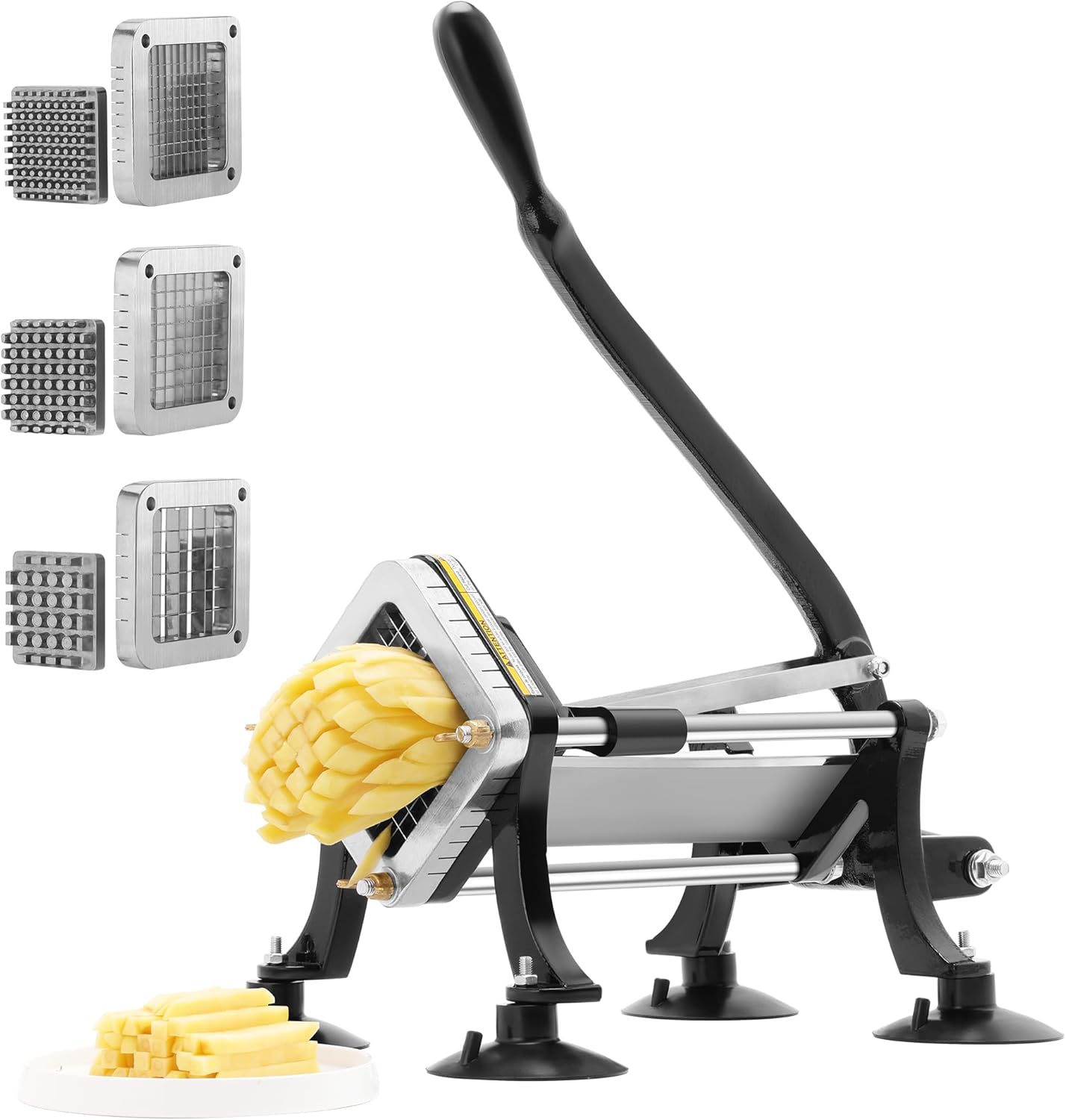 French Fry Cutter for Potatoes, Stainless Steel Potato Cutter for Fries with 1/2", 3/8", 1/4" Replaceable Blades, Glove, and Brush
