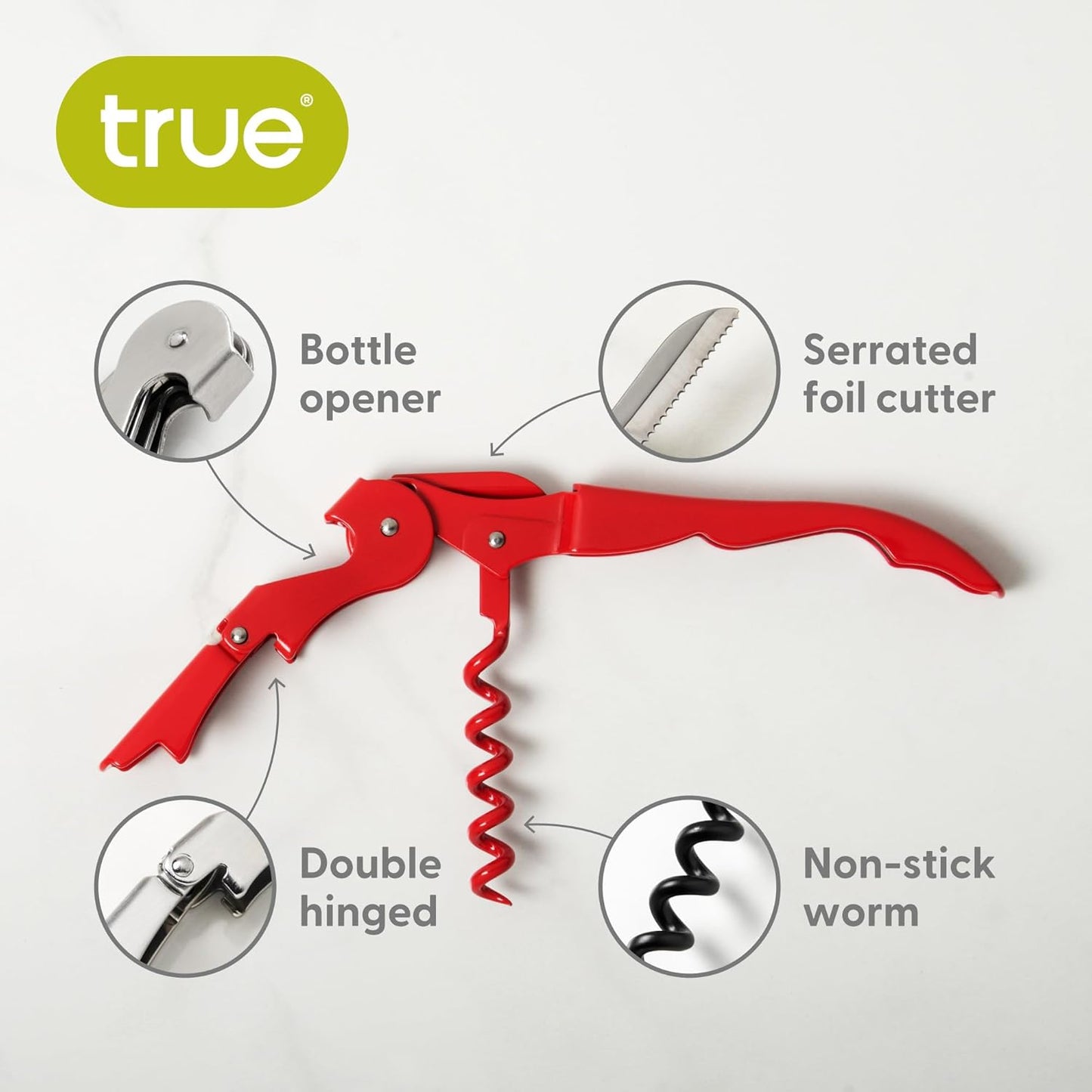 True Truetap Double Hinged Waiter's Corkscrew Wine Opener, Stainless Steel Wine Bottle Opener with Built In Foil Cutter, Home Bar Tools, Bar Cart Accessories, Wedding Gifts, Set of 1, Black