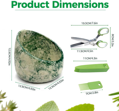 Pottery Herb Stripper Bowl Set – 2 Piece, Including 5-Blade Stainless Steel Herb Cutter Scissors, Herb Stripping Tool & Handmade Pottery Herb Stripper Bowl, For Stripping Leaves and Rhizomes (Green)