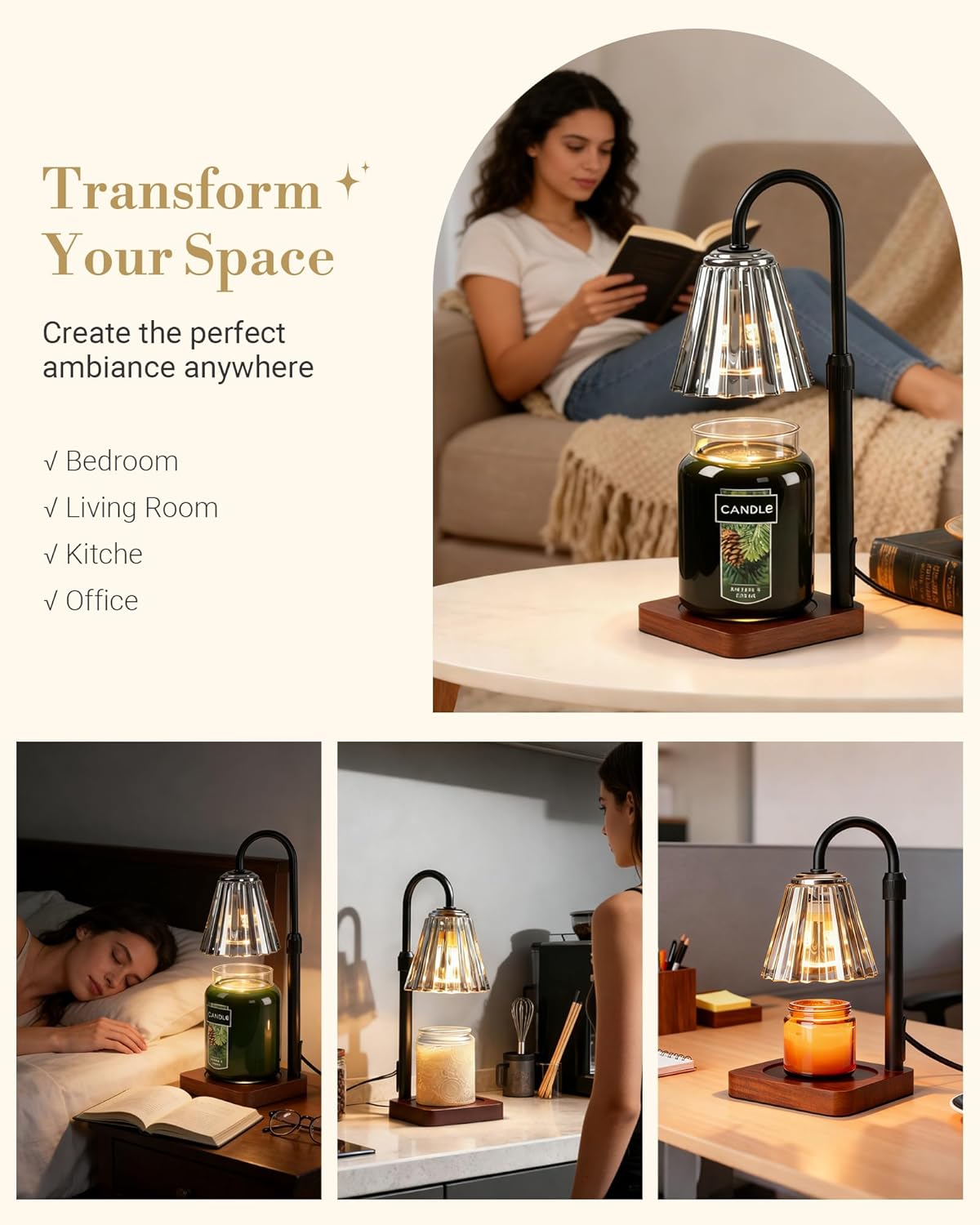 Marycele Candle Warmer Lamp with Timer & Dimmer - Mothers Day Gifts for Women Mom Her, Aesthetic Office Home Decor, Adjustable Height Wax Melter for Candle Jar & 3-Wick Candles (2 Bulbs Included)