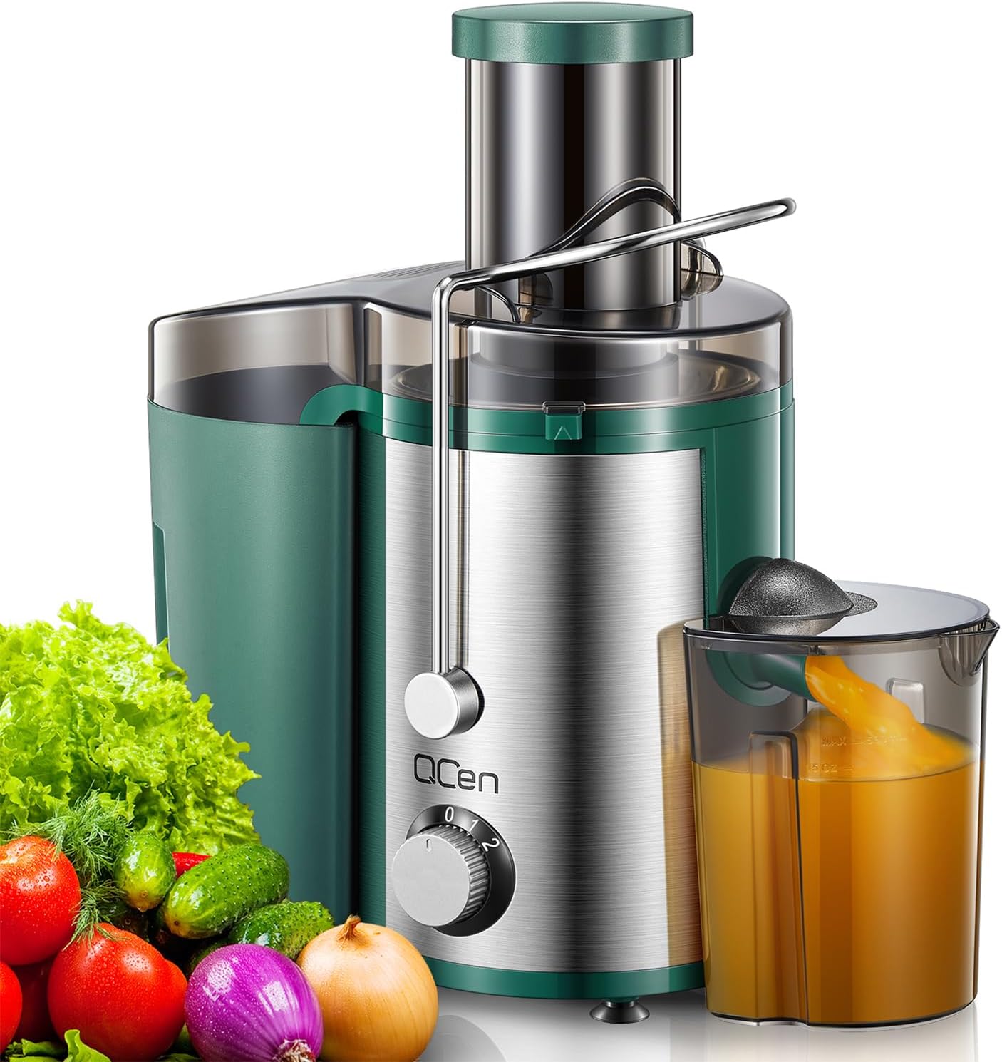 Qcen Juicer Machine, 500W Centrifugal Juicer Extractor with Wide Mouth 3” Feed Chute for Fruit Vegetable, Easy to Clean, Stainless Steel, BPA-free (Black)