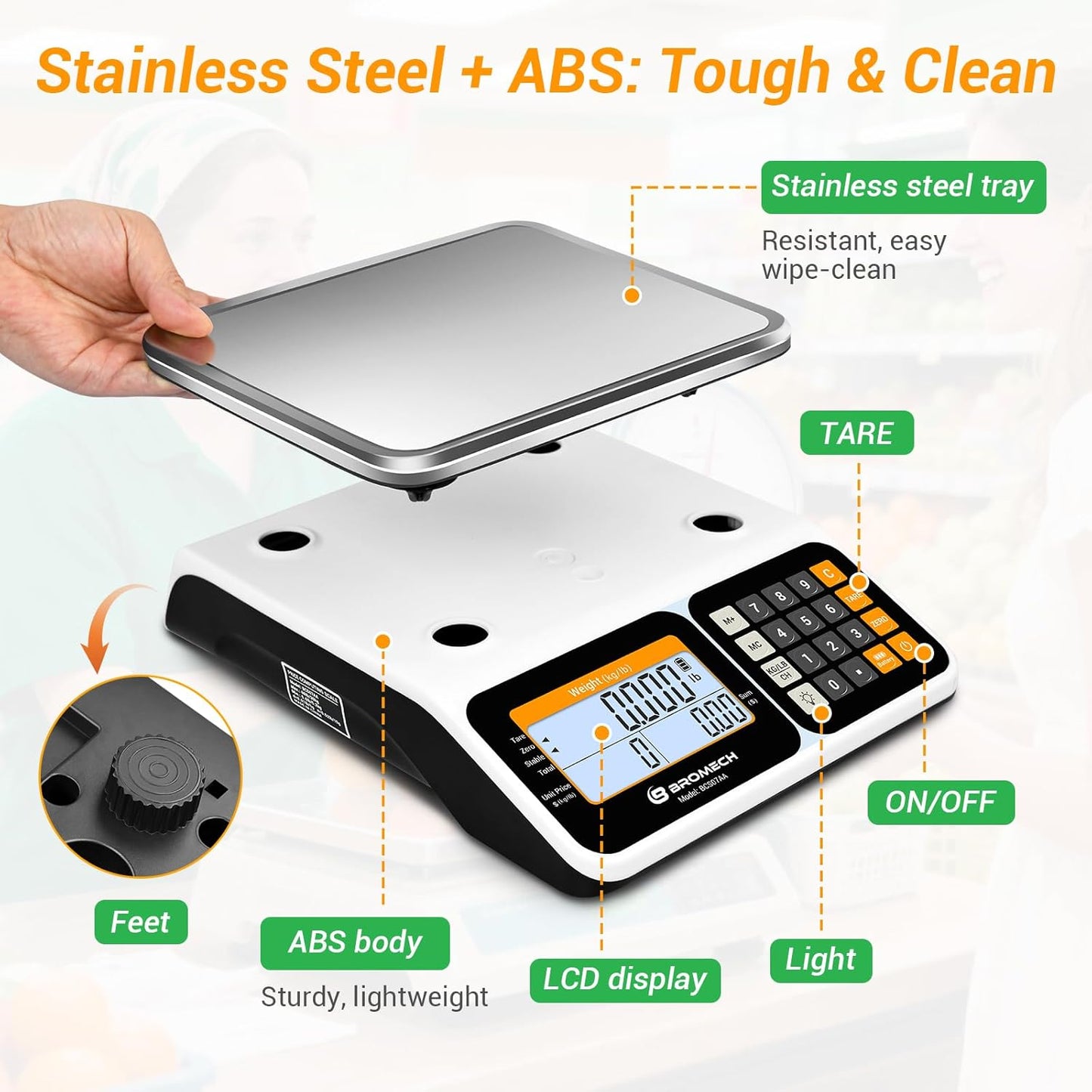 Commercial Food Scale 66lb/30kg, High Precision Digital Price Computing Scale for Farmers Marke, Deli, Dual Backlit LCD Display, Stainless Steel Platform, Rechargeable Battery for Produce Meat