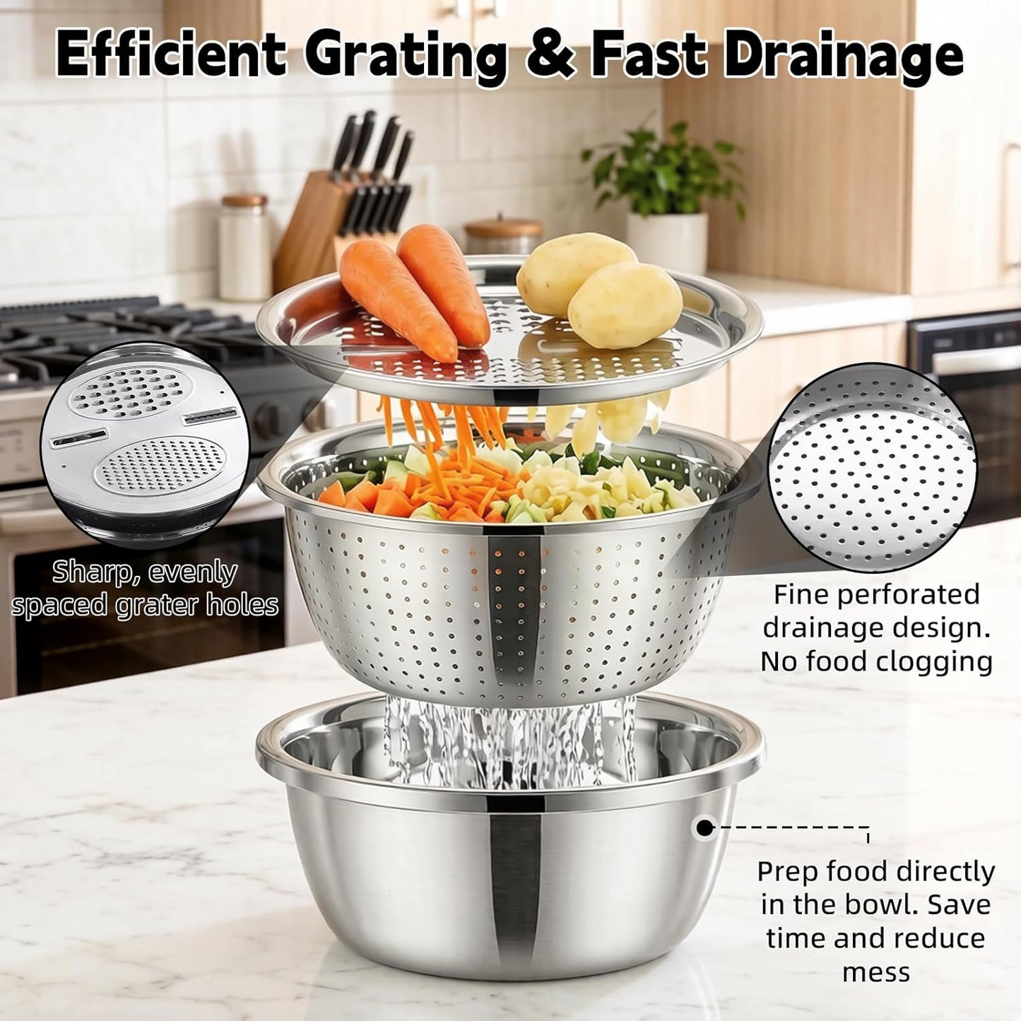 Mixing Bowls Set, 3 In 1 Multifunctional Stainless Steel Basin, Rice Washer Strainer Bowl, Kitchen Grater Set with Drain Basket for Vegetables Salad, 10.2 Inches