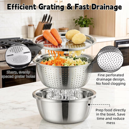 Mixing Bowls Set, 3 In 1 Multifunctional Stainless Steel Basin, Rice Washer Strainer Bowl, Kitchen Grater Set with Drain Basket for Vegetables Salad, 10.2 Inches