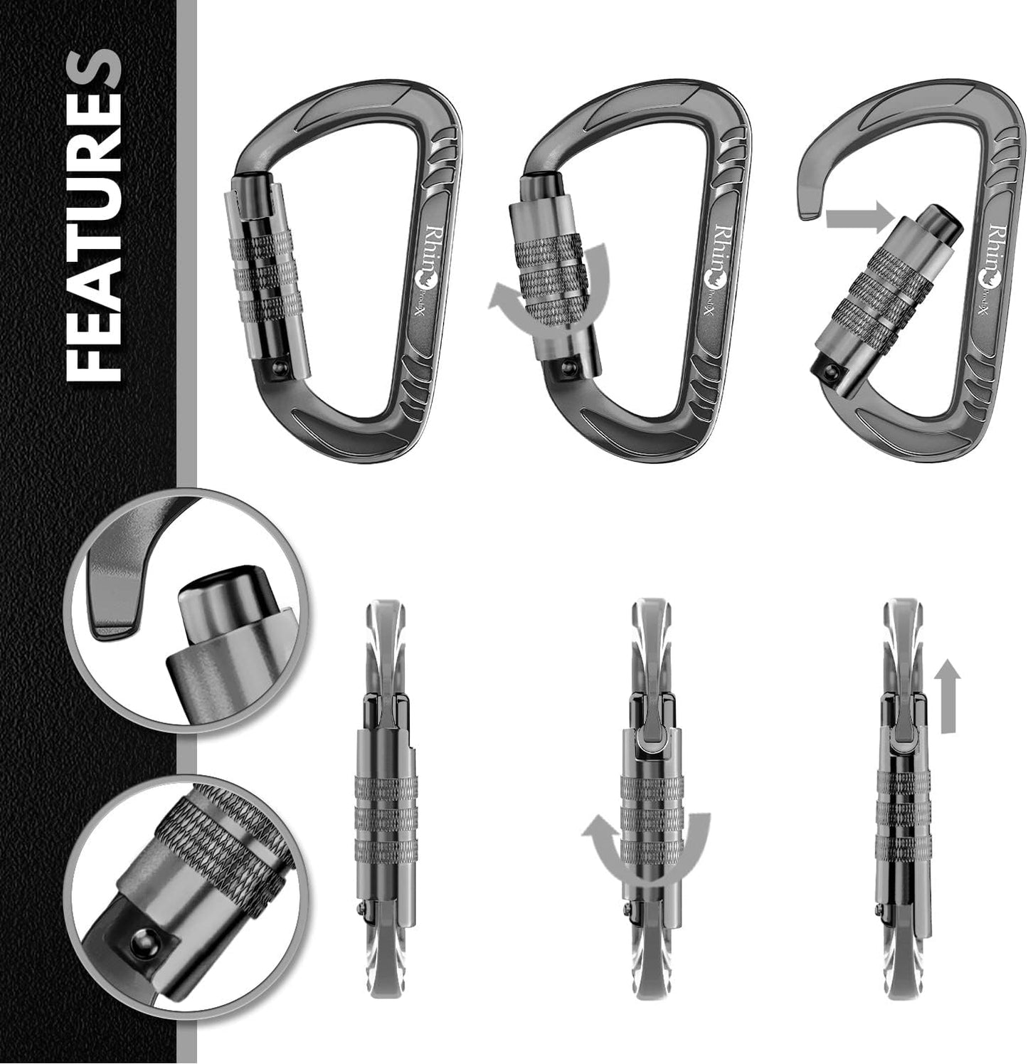 Rhino Produxs 12kN (2697 lbs) Heavy Duty Carabiner Clips, for Securing Pets, Outdoor, Camping, Hiking, Hammock, Dog Leash Harness, Keychains
