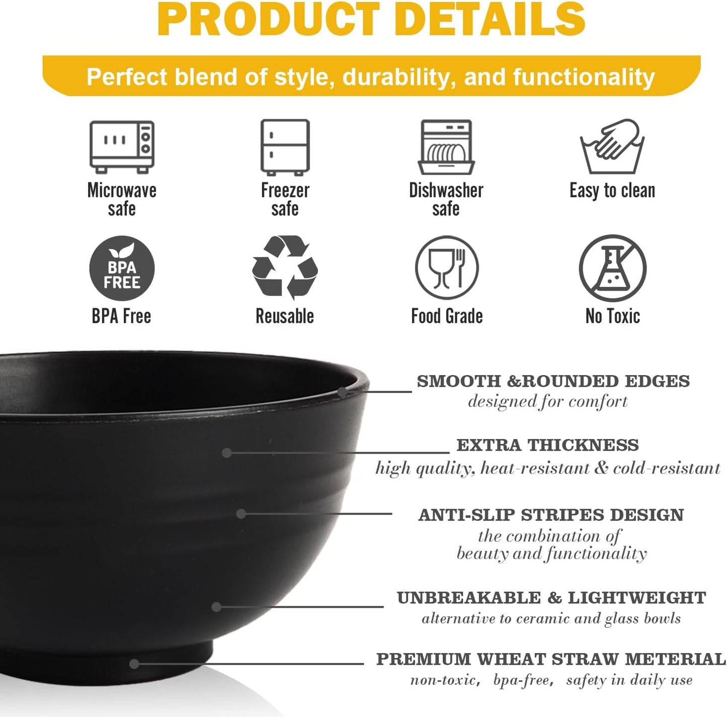 Wheat Straw Bowls Set with Lids, Unbreakable 40 OZ Cereal Bowls Set of 4, Salad Container for Lunch, Microwave & Dishwasher Safe Bowl Set for Kitchen, Picnic, RV, Camping, Multi