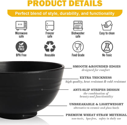 Wheat Straw Bowls Set with Lids, Unbreakable 40 OZ Cereal Bowls Set of 4, Salad Container for Lunch, Microwave & Dishwasher Safe Bowl Set for Kitchen, Picnic, RV, Camping, Multi