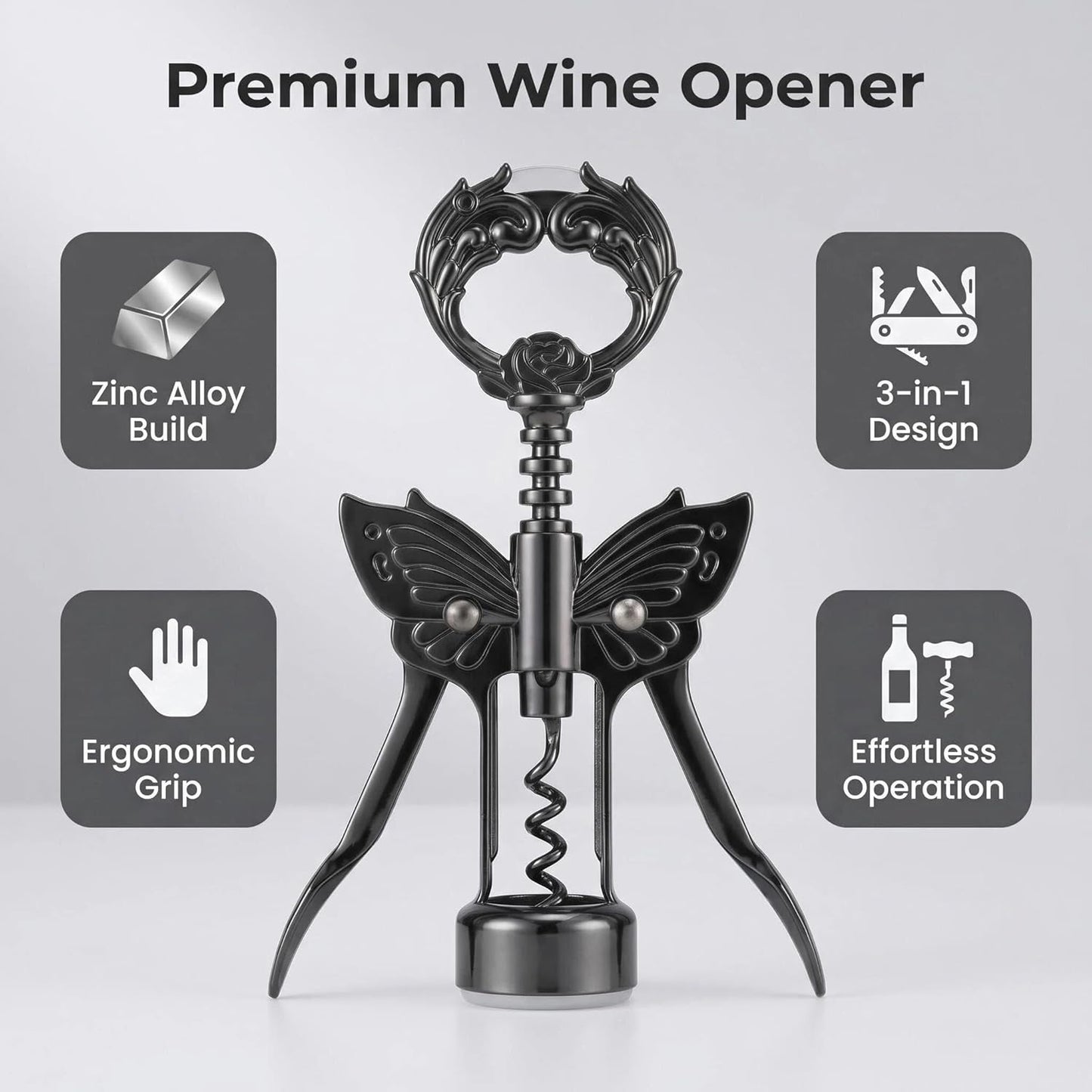 Wine Opener, 3 in 1 Zinc Alloy Premium Wing Corkscrew Wine Bottle Opener with Multifunctional Bottles Opener and Serrated Foil Cutter for Wine and Beer (Black)