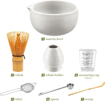 YIBO Matcha Whisk Set With Bowl, Ceramic Matcha Making Kit Includes Bamboo Whisk (Chasen), Holder Stand, Powder Starter Sifter, Scoop, Measuring Spoon & Cup Tea Tools For Ceremony (Mottled Green)