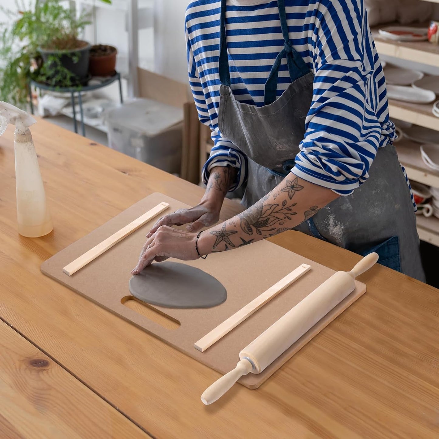 Newtay 12 Pcs Pottery Tools Include 1 Wood Rolling Pin Sculpting Polymer Clay Tools 1 Portable Pottery Wedging Board/Linen Tablecloth and 10 Pcs 5 Size Teaching Rolling Mud Stick Guide (Tablecloth)