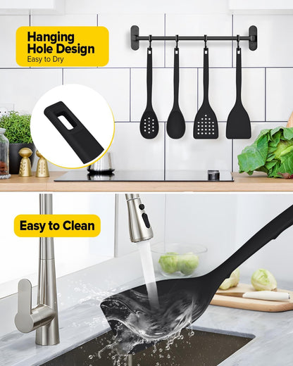 Pack of 4 Silicone Cooking Utensils Set, Non Stick Solid Spatulas and Heat Resistant Slotted Spoons with Back Hooks, Ideal BPA Free Kitchen Utensils Set for Frying,Serving,Turning,Stirring(KHAKI)