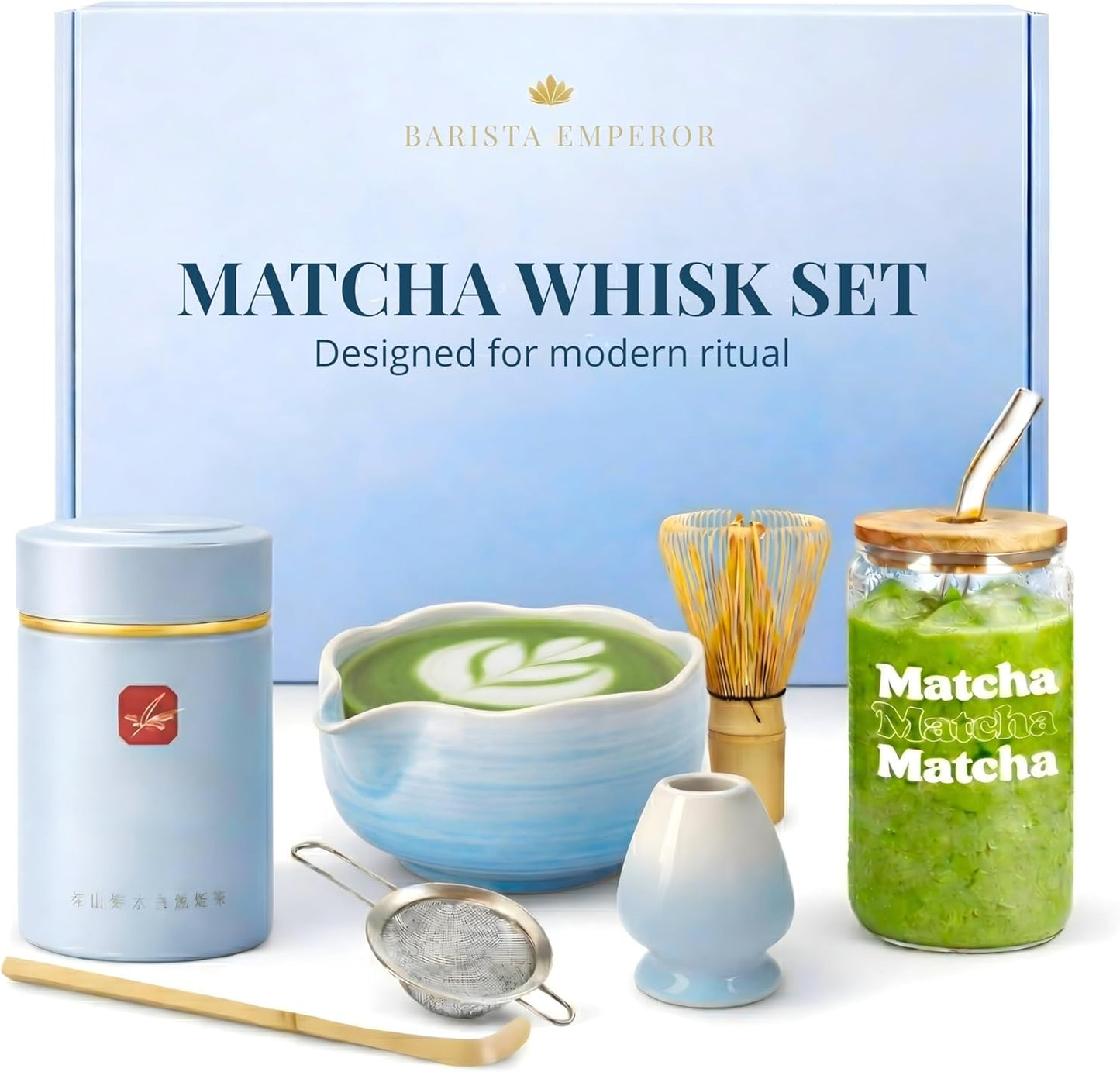 BARISTA EMPEROR® MATCHA WHISK SET PREMIUM 11pcs - Professional Matcha Kit Set with Matcha Bowl, Matcha Whisk, Milk Frother, Spoon, Sifter, Scoop, Stand, Cup, Tea Mat, Cloth - Matcha Bowl Set