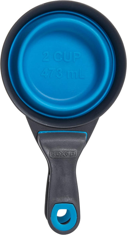 Dexas Popware for Pets Collapsible Klip Scoop, 3 in 1 Design Convenient Measuring Cup, Food Scooper and Bag Clip, 1Cup Capacity Pet Food Scoop, Versatile Food Measuring Cups Portion Control Gray/Blue