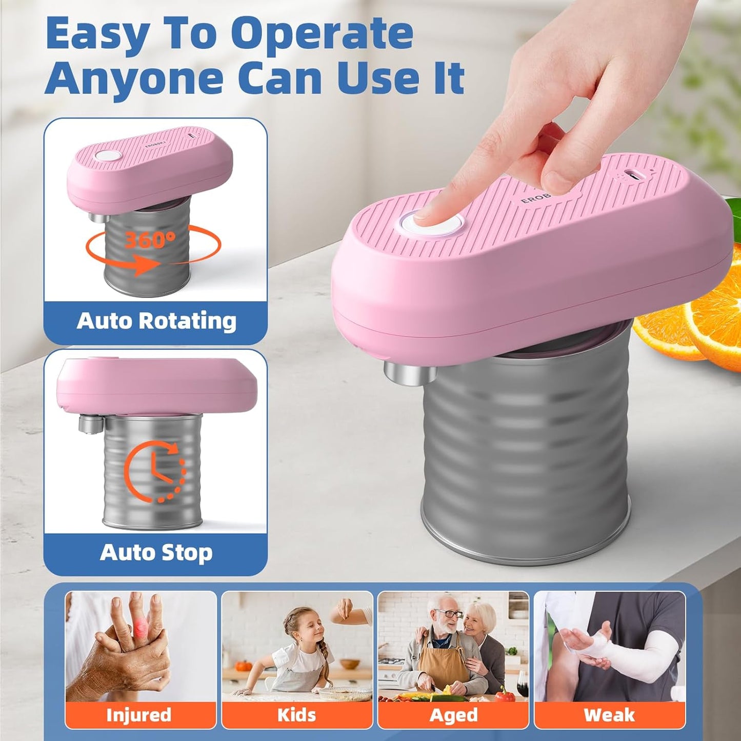Electric Can Opener, Rechargeable Can Openers for Seniors & Arthritis, One-Touch Automatic Can Opener, Hands-Free, Smooth Edge, Compact, Kitchen Gadgets