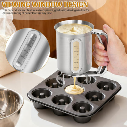 30 OZ Pancake Batter Dispenser with Viewing Window Stainless Steel Batter Dispenser for Baking Cupcakes,Muffins,Cooking,Crepes,Waffles (Stainless Steel)