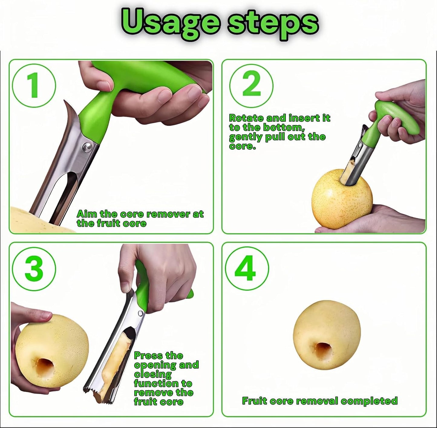 Premium Stainless Steel Apple Corer - Easy Use & Dishwasher Safe, Multi-Fruit Core Remover with Ergonomic Handle for Apples, Pears, Tomatoes & Cupcakes | Durable Kitchen Tool (Green)