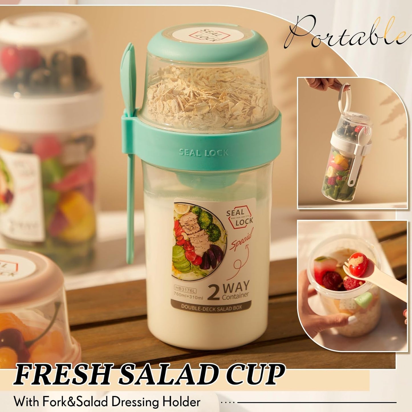 Mumufy 3 Pcs Salad Shaker Cup with Lids and Fork Fresh Salad Shaker Container for Lunch, Portable Breakfast Meal Vegetable and Fruits (White)