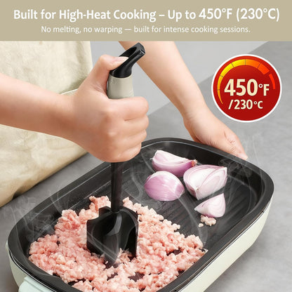 Ourokhome Meat Chopper and Potato Masher, Heat Resistant Nylon Ground Beef Smasher for Hamburger, 5 Curved Blades Nonstick Mixer & Stirrer, Practical Kitchen Gadgets, Black