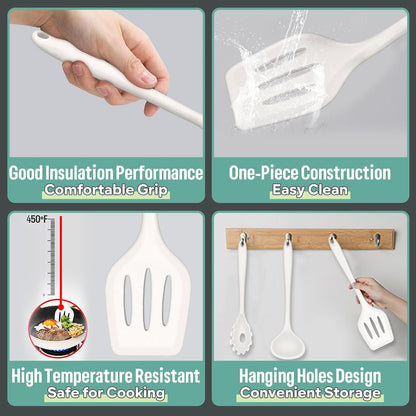 E-far Silicone Cooking Utensils Set, 7-Piece Black Heat Resistant Kitchen Utensils Set, Kitchen Nonstick Tools Spatula Ladle Spoon Pasta Server for Non-stick Cookware, Non-Toxic & Dishwasher safe
