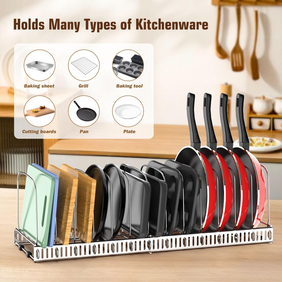 Housolution Cutting Board Organizer Rack, Expandable Baking Tray and Cookie Sheet Organizer with 14 Adjustable Dividers, Bakeware Muffin Tin Cupcake Pan Storage Organizer for Cabinet, Black
