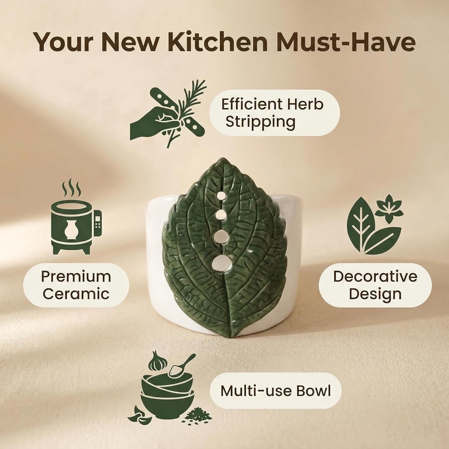 dgudgu Ceramic Leaf Herb Stripper Bowl - Realistic Leaf Shaped Pottery with 4 Sized Vein Holes, Decorative Green Kitchen Tool for Stripping Thyme, Rosemary & Herbs