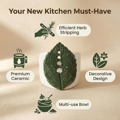 dgudgu Ceramic Leaf Herb Stripper Bowl - Realistic Leaf Shaped Pottery with 4 Sized Vein Holes, Decorative Green Kitchen Tool for Stripping Thyme, Rosemary & Herbs