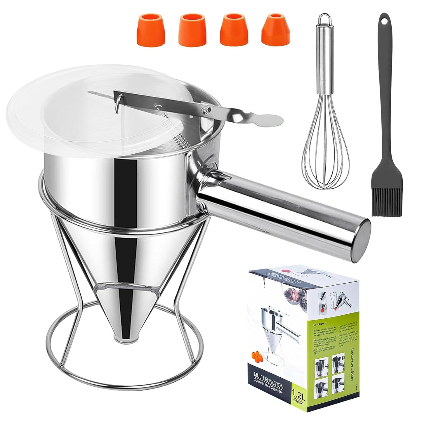 Pancake Batter Dispenser,40oz Stainless Steel Funnel Cake Dispenser,with Lids,Stand,4 Silicone Nozzles,Brush,Egg Beater,Easy Control Batter Dispenser for Pancakes,Cupcakes, Funnel Cakes,Muffins & More