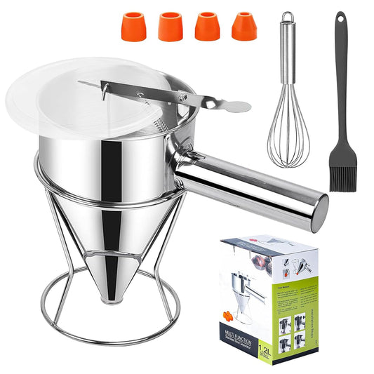 Pancake Batter Dispenser,40oz Stainless Steel Funnel Cake Dispenser,with Lids,Stand,4 Silicone Nozzles,Brush,Egg Beater,Easy Control Batter Dispenser for Pancakes,Cupcakes, Funnel Cakes,Muffins & More
