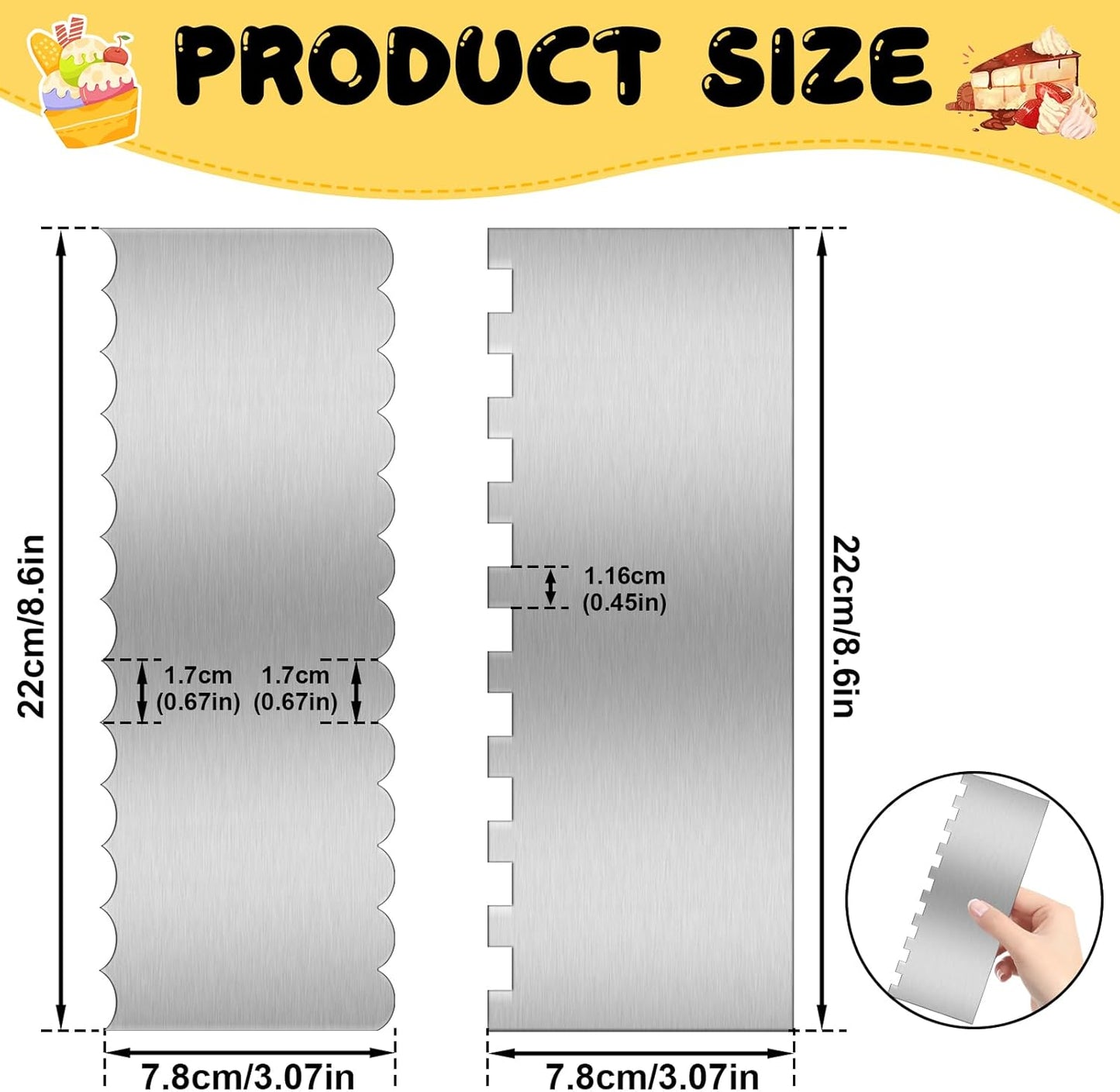 9 Inch Stainless Steel Cake Scraper Set Metal Cake Scraper Large Double Sided Patterned Stripe Edge Smoother for Mousse, Cream Decoration (2 PCS)