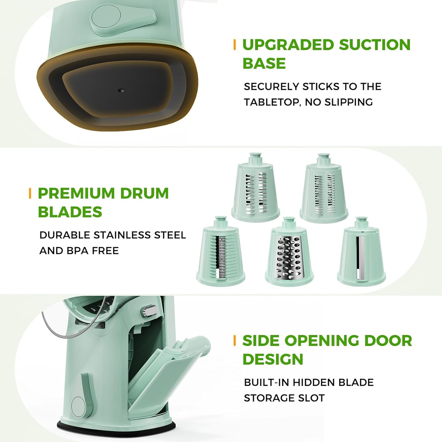 7 IN 1 Upgraded Rotary Cheese Grater with Handle – Vegetable Shredder with Built-in Storage Blade Slot, 5 Versatile Blades, Strong Suction Base Round Mandoline Slicer, Food Chopper for Kitchen