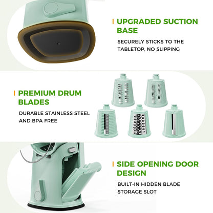 7 IN 1 Upgraded Rotary Cheese Grater with Handle – Vegetable Shredder with Built-in Storage Blade Slot, 5 Versatile Blades, Strong Suction Base Round Mandoline Slicer, Food Chopper for Kitchen