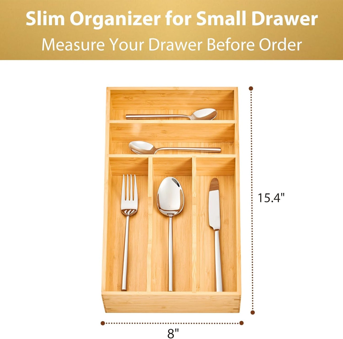 Umilife Bamboo Kitchen Drawer Organizer, 7 Inch Silverware Utensils Tray Holder for Small Drawer, Wood Caddy for Flatware Cutlery Knives