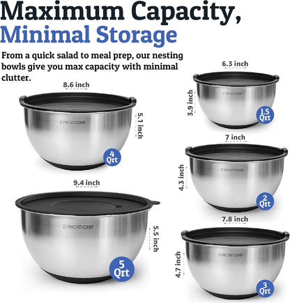 Priority Chef Stainless Steel Mixing Bowls with Lids Set, Metal Nesting Bowls with Airtight Lids, Graters, Non-Slip Base & Measurement Marks, Includes Utensil Set for Prep, Baking & Storage, Black