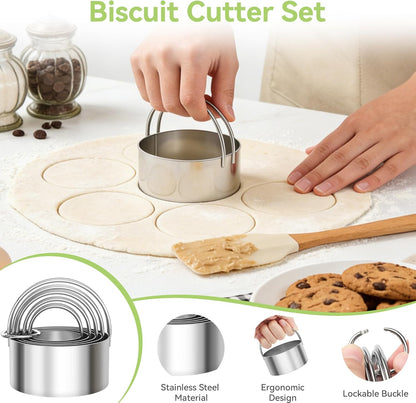 USLAI Biscuit Cutter Set, Stainless Steel Round Cookie Cutter with Bench Scraper & Pastry Blender, Professional Kitchen Baking Dough Tools (3-Piece Set)
