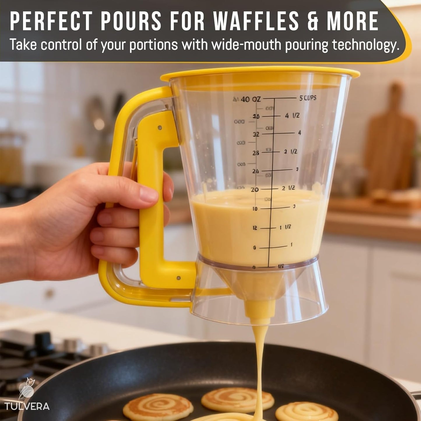 Pancake Batter Dispenser | 5-Cup Mix Pourer for Pancakes, Waffles, Crepes, Muffins, Cupcakes | Squeeze Handle, Portion Control Pitcher, Durable Drip-Free Design | Baking Accessories (Original Black)