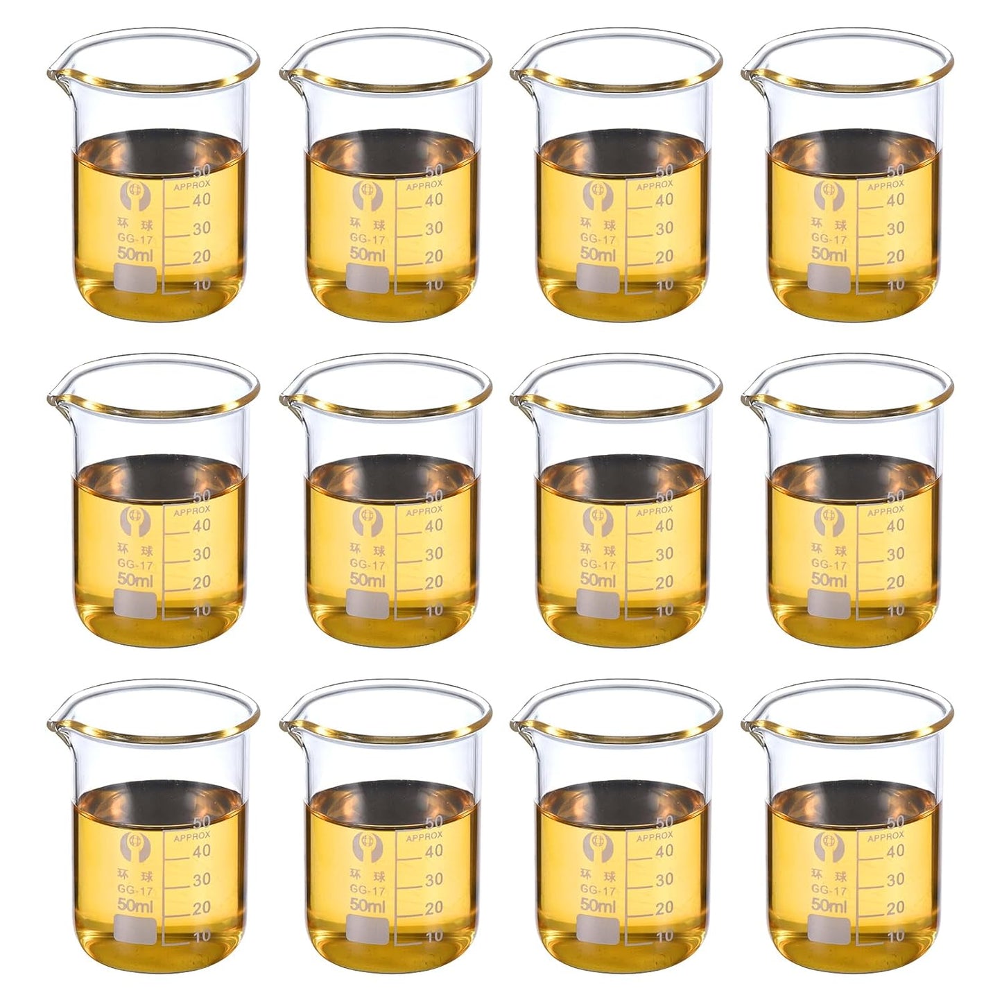 PATIKIL 50ml Low Form Glass Beaker, 12 Pack 3.3 Borosilicate Glass Graduated Printed Scale Measuring Cups with Spout for Kitchen Lab Liquids