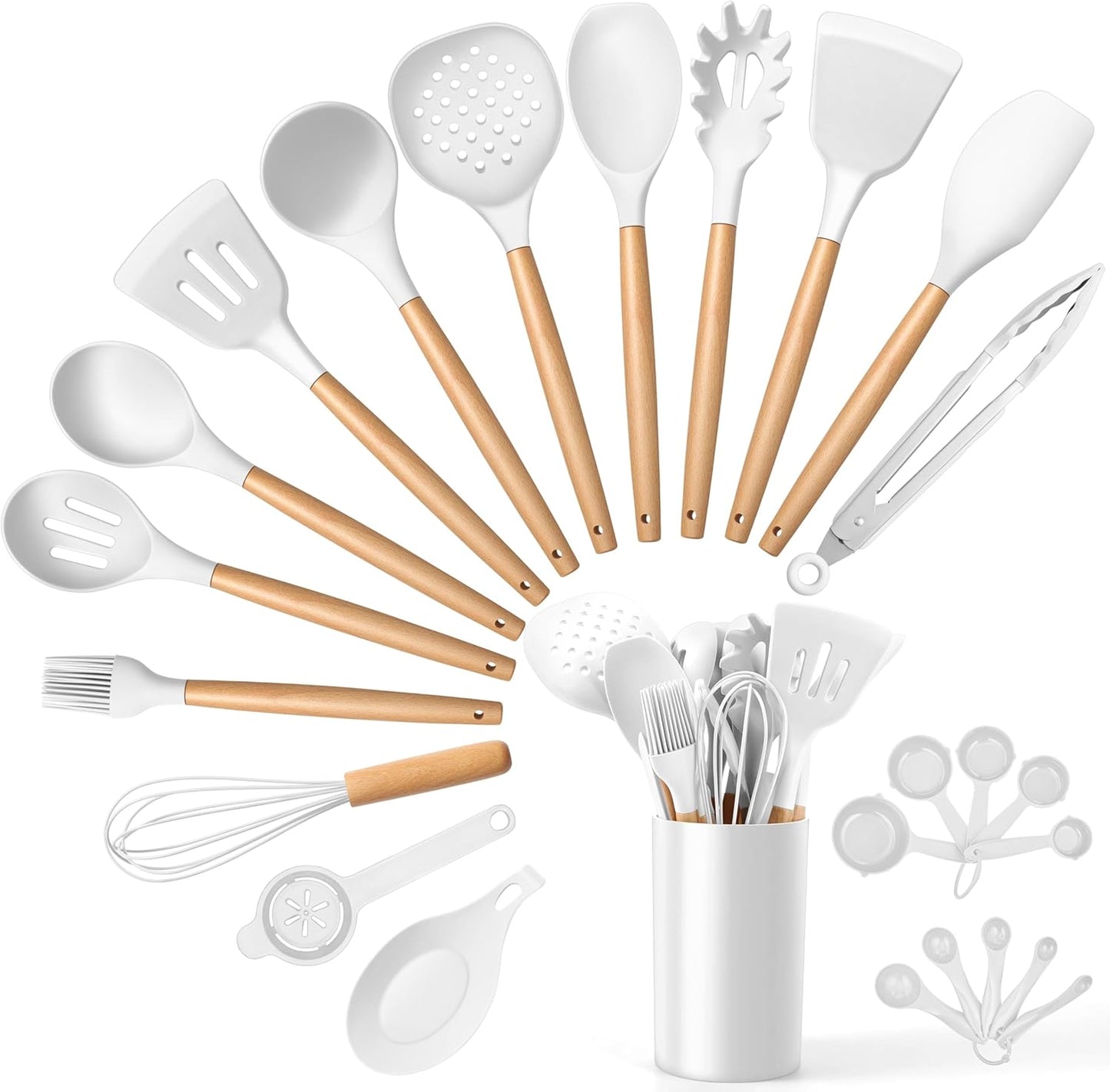 E-far Silicone Cooking Utensils Set, 10-Piece Heat Resistant Kitchen Utensils Set with Wooden Handle for Nonstick Cookware, Kitchen Nonstick Tools Spatula Whisk Tongs Ladle, Non-toxic & Healthy(Khaki)