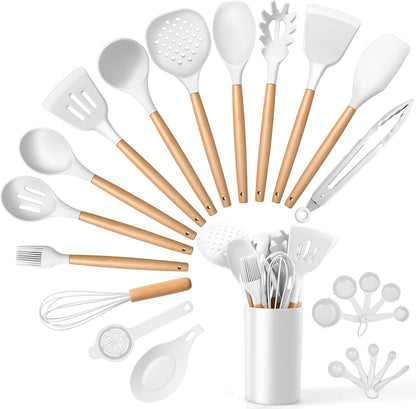 E-far Silicone Cooking Utensils Set, 10-Piece Heat Resistant Kitchen Utensils Set with Wooden Handle for Nonstick Cookware, Kitchen Nonstick Tools Spatula Whisk Tongs Ladle, Non-toxic & Healthy(Khaki)